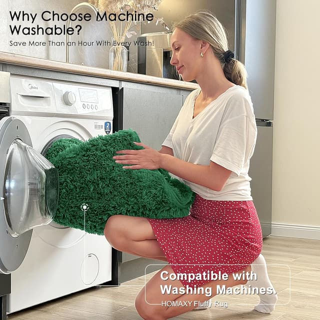 Detalle de Homaxy Fluffy Shaggy Rug Runner (Dark Green) 80 x 150 cm – machine washable, non-slip backing