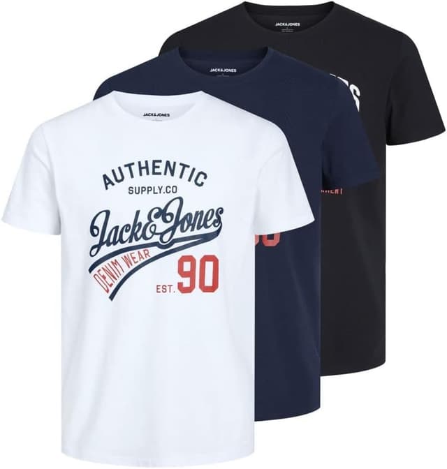 Detalle de JACK & JONES Herren-T-Shirt 3er Pack aus Baumwolle (Rundhals, Kurzarm) mit Print