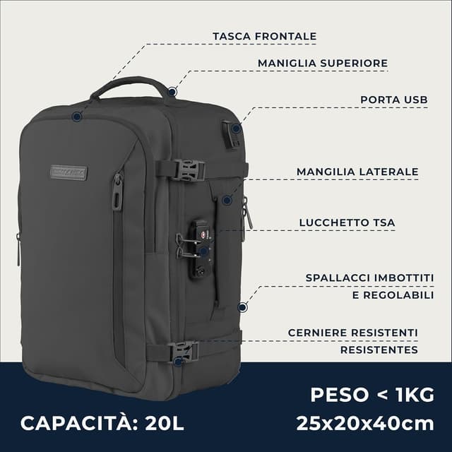 Detalle 2 de Zaino bagaglio a mano 40x20x25 Ryanair Easyjet 20L in carbonio (BidMamba)