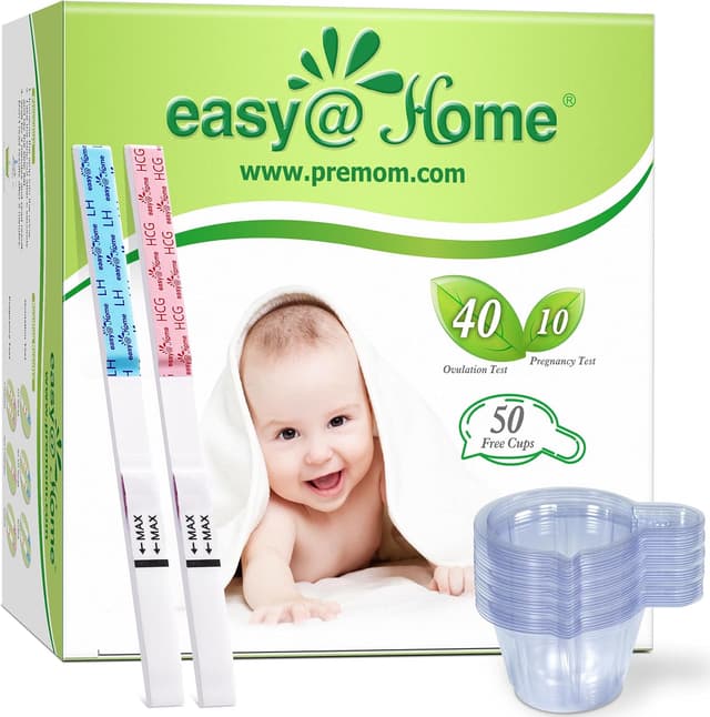 Detalle de Easy@Home Ovulation & Pregnancy Test Strips Kit with Premom app support (40 LH + 10 HCG + 50 urine cups)