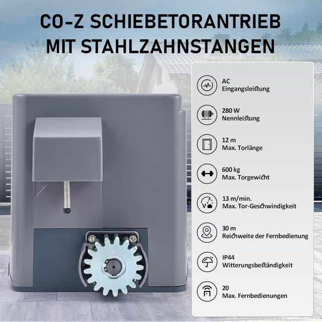 Detalle 2 de CO-Z Schiebetorantrieb 280 W mit Fernbedienung – Toröffner für Schiebetore bis 600 kg oder 12 m