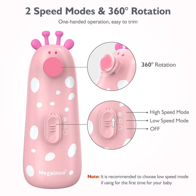 Detalle de Elektrische Baby-Nagelfeile Megainvo – Baby-Nagelpflegeset mit Aufsätzen, Licht und Staubschutz (13-teilig)