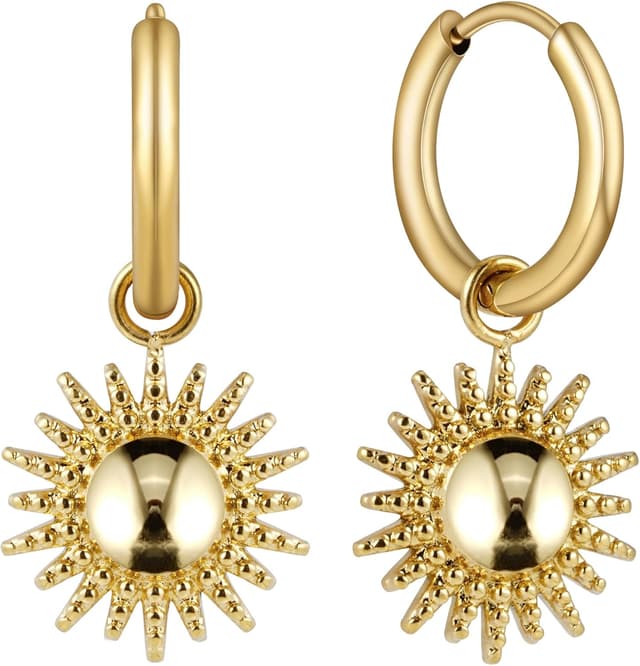 Detalle de BONNYBIRD BonnySun Wasserfeste Creolen aus Edelstahl (14 mm) in Silber, Gold & Roségold – sonnige Anhänger