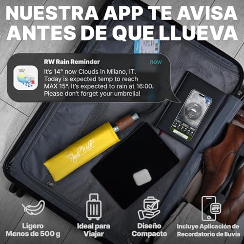 Detalle de Royal Walk paraguas de viaje plegable antiviento con doble toldo ventilado, mango de madera y apertura automática (amarillo, L)