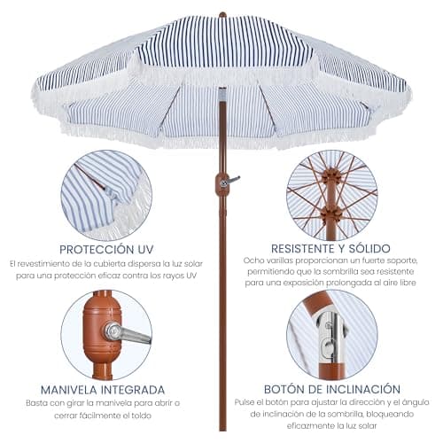 Detalle de Yaheetech Ombrellone da spiaggia e giardino inclinabile 215 cm con frange, poliestere e metallo, blu e bianco