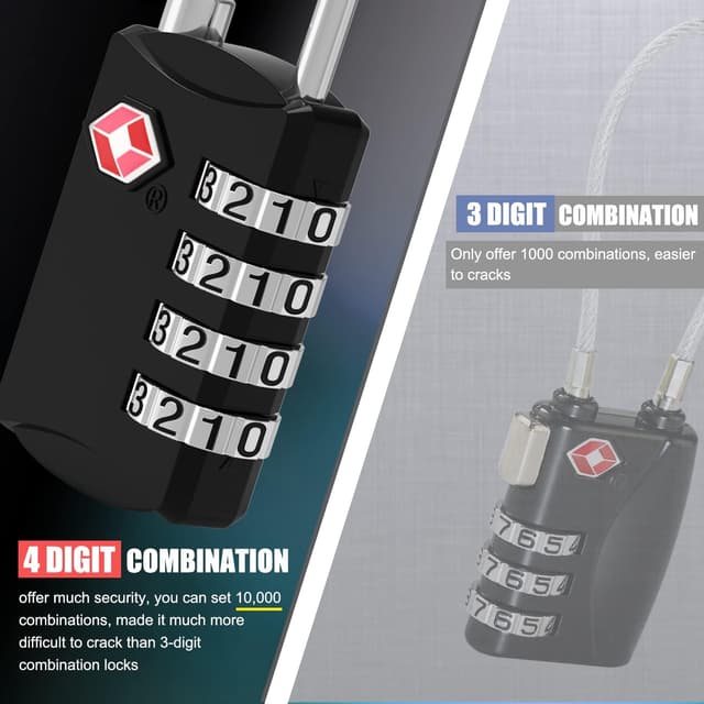 Detalle 2 de Diyife TSA 4-Digit Luggage Locks (2 Pack) – Combination padlocks for suitcases, lockers and more (Black & Silver)
