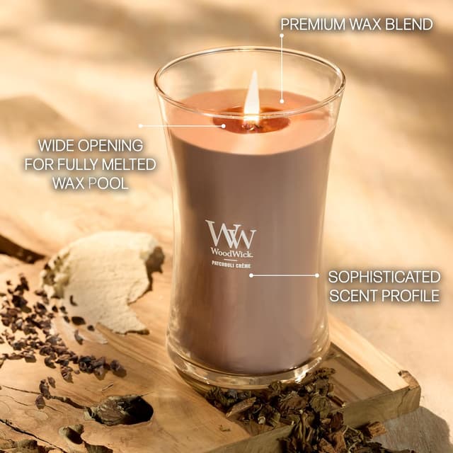 Detalle de Grande bougie parfumée WoodWick Patchouli Crème à mèche crépitante (jusqu’à 130 heures)
