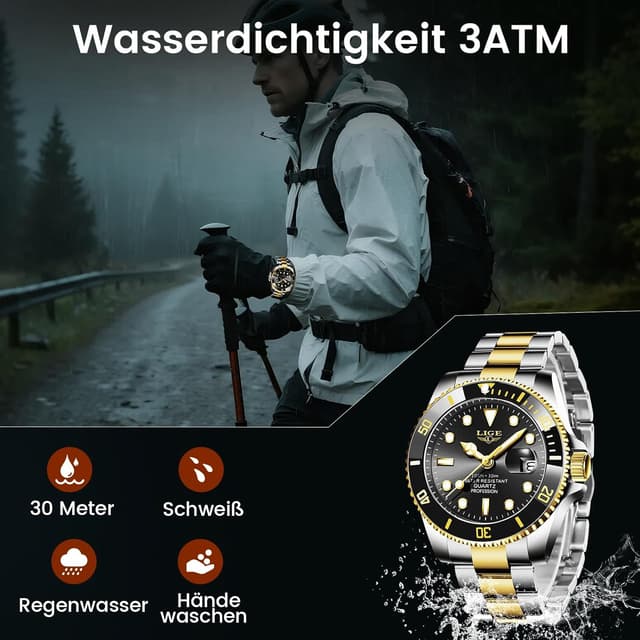 Detalle de LIGE Herren-Uhr analog mit Quarzwerk, Kalenderfunktion und 3ATM Wasserdicht (30M)