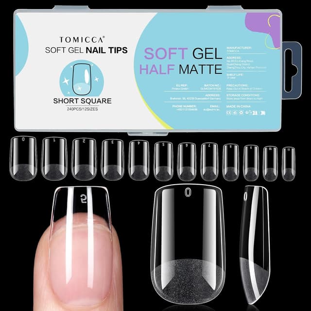 Detalle de TOMICCA Carré Court Capsule Americaine – capsules en gel souple pour faux ongles (240 pièces, 12 tailles)