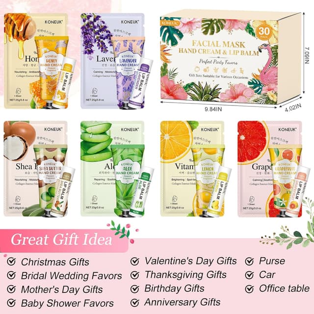 Detalle 1 de KONEUK 30-Pack Bulk Facial Mask, Hand Cream & Lip Balm Sets for Easter Baskets, Teachers, Nurses & More