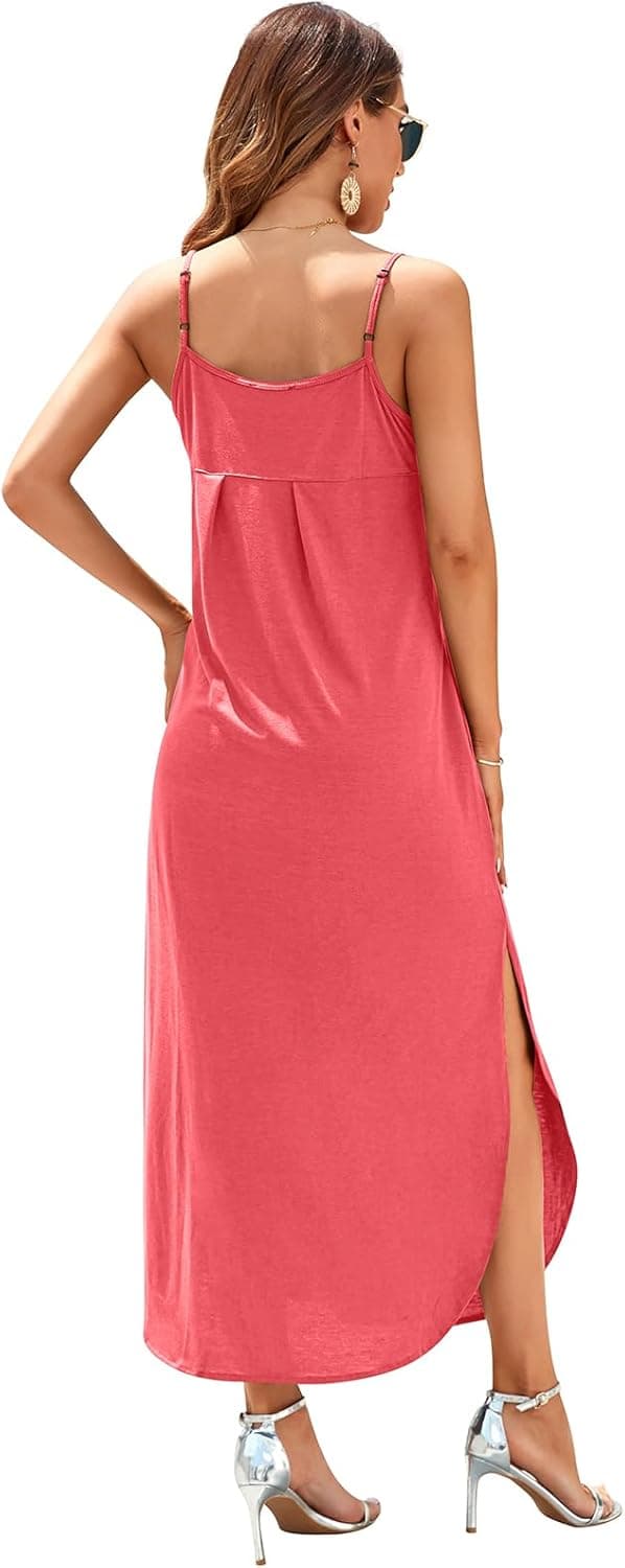 Detalle 1 de HUSKARY Women’s Summer Casual Sleeveless V-Neck Strappy Split Loose Dress (Beach Cover-Up Maxi) with Pocket