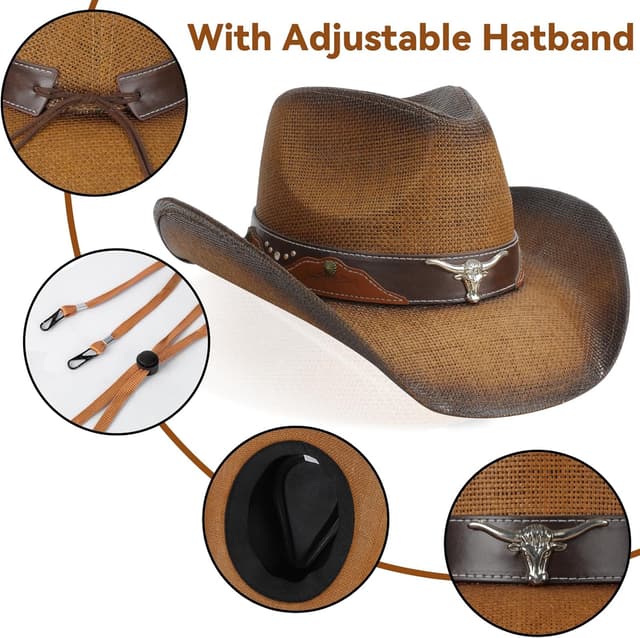 Detalle de WQWOVRVO Straw Cowboy Hat with Shapeable Wide Brim (Adjustable Band) for Men & Women