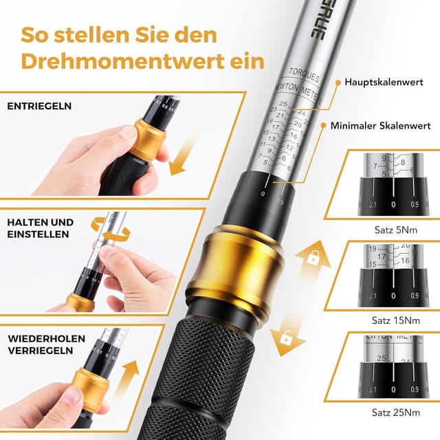 Detalle de VIGRUE Drehmomentschlüssel Fahrrad 5–25 Nm (1/4 Zoll) – Drehmoment-Set inkl. Ratsche, Verlängerung, Gelenk und Bits