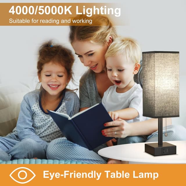 Detalle de Aooshine bedside & table lamp with USB C + USB charging ports, 3 colour modes and pull chain (black fabric shade)