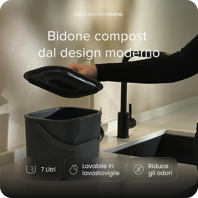 Detalle de Black Sweden Home bidone da cucina per compost organico 7 L grigio opaco con coperchio inodore