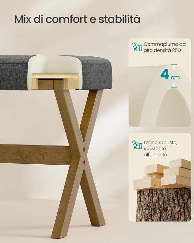 Detalle de SONGMICS Sgabello da toeletta imbottito LSF006GN01, poggiapiedi e sgabello trucco in legno a X (32 x 42 x 46 cm)