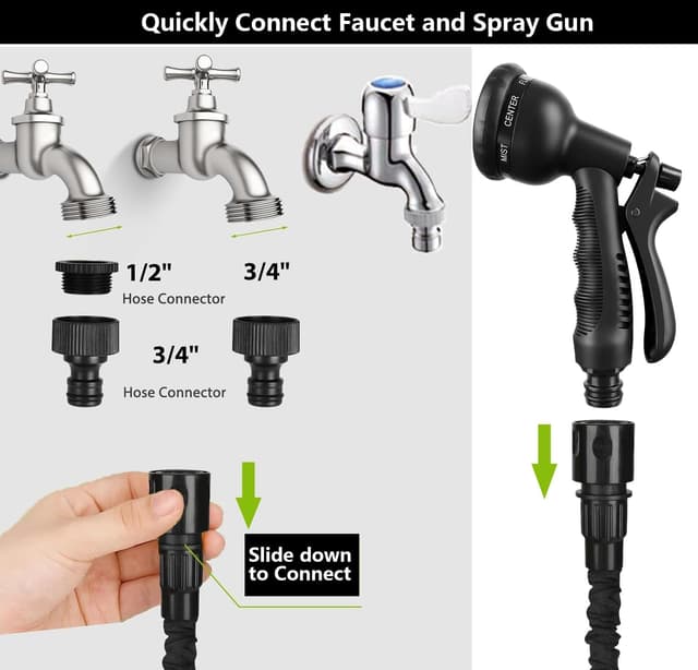 Detalle de Expandable Garden Hose Pipe (50FT) with 8-Function Spray Nozzle & 1/2", 3/4" Connectors