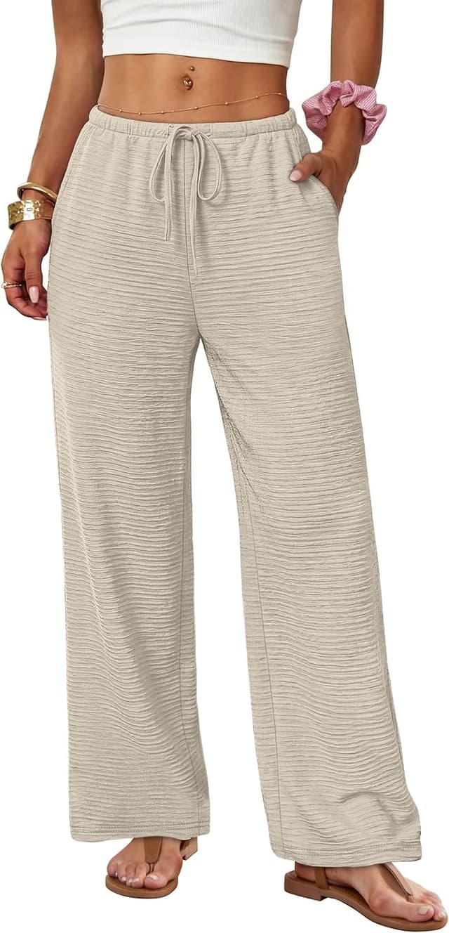 Detalle de SAMPEEL Women’s Wide Leg Palazzo Pants with Drawstring Waist and Pockets