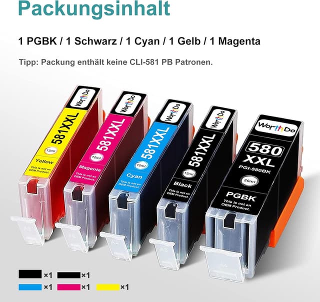 Detalle de WORTHDO kompatible Tintenpatronen 580/581 XXL im 5er-Pack für Canon Pixma TR8550 & TS-Serie