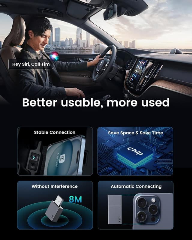 Detalle de YJLUUJL Wireless CarPlay Adapter for iPhone (Plug & Play, 5.8 GHz WiFi + Bluetooth 5.3) — for Cars from 2016