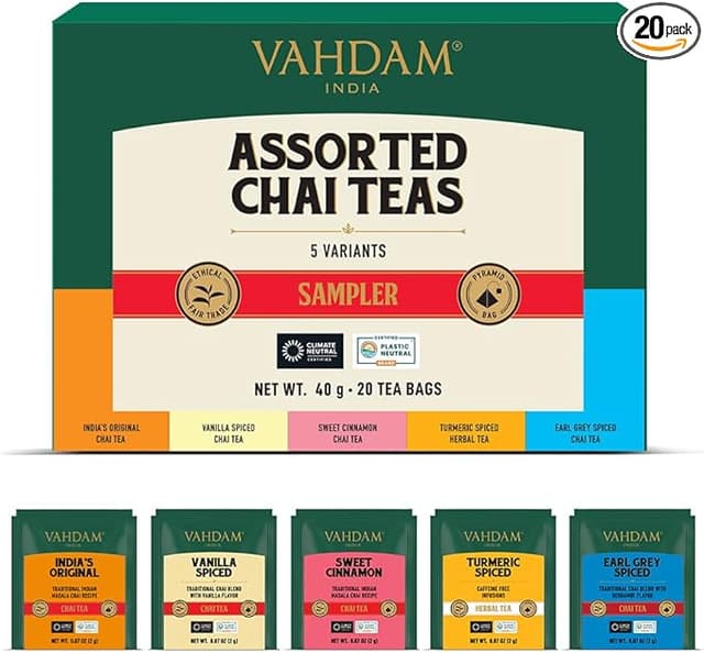 Imagen de VAHDAM Té Chai Surtido para Regalo ☕️ (5 Sabores, 20 Bolsitas) en OfertitasTOP