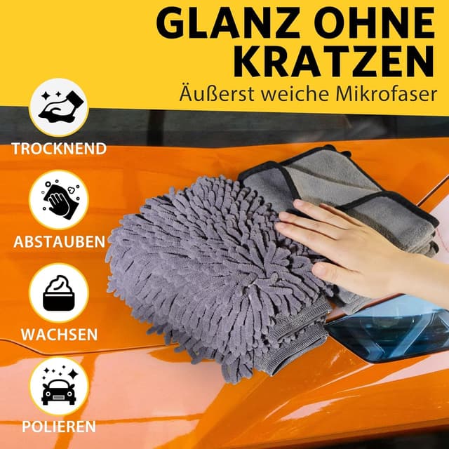 Detalle de KEYAYE Autopflege-Set mit 3 Mikrofasertüchern & 2 Mikrofaser-Waschhandschuhen (600 GSM, 40x30 cm)