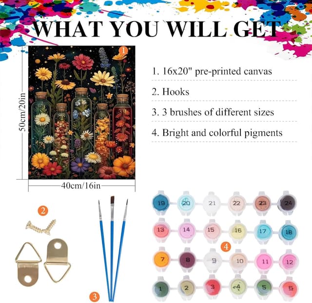 Detalle 2 de Lonmo Art Flowers Paint by Numbers Kit (16x20inch) for Adults