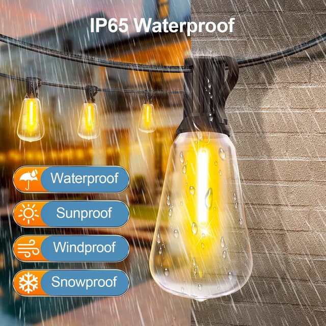 Detalle de Outdoor Lights String Patio Outside (100ft) LED Waterproof ST38 Shatterproof Edison Bulbs with Remote, Dimmable