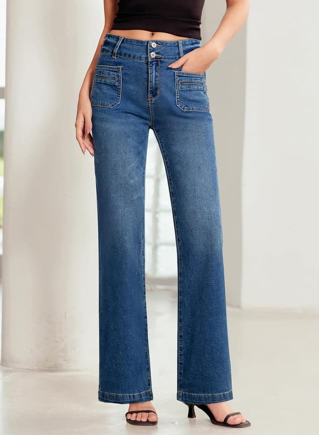 Detalle de Sidefeel Women’s High-Waisted Wide Leg Jeans with Tummy Control and Front Pockets