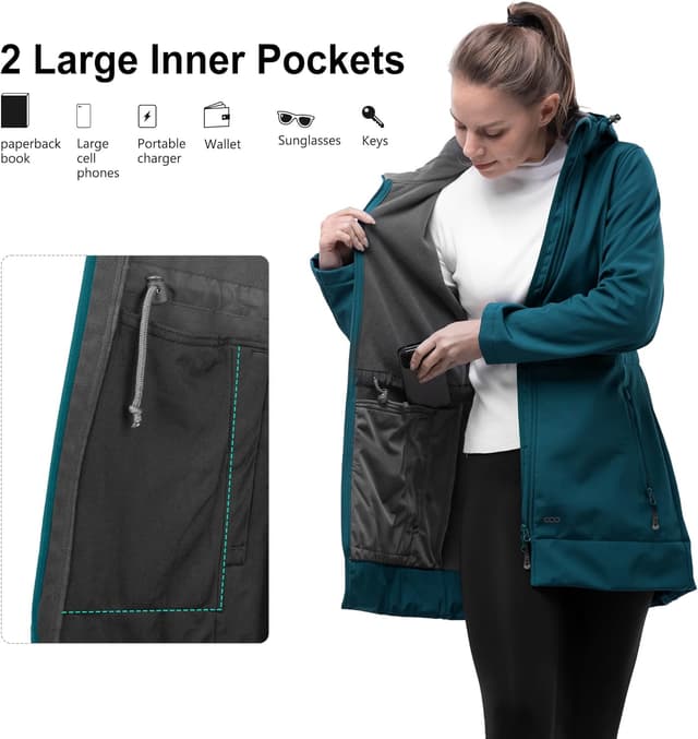 Detalle de 33,000ft Softshelljacke Damen – lange wasserdichte & winddichte Übergangsjacke mit abnehmbarer Kapuze