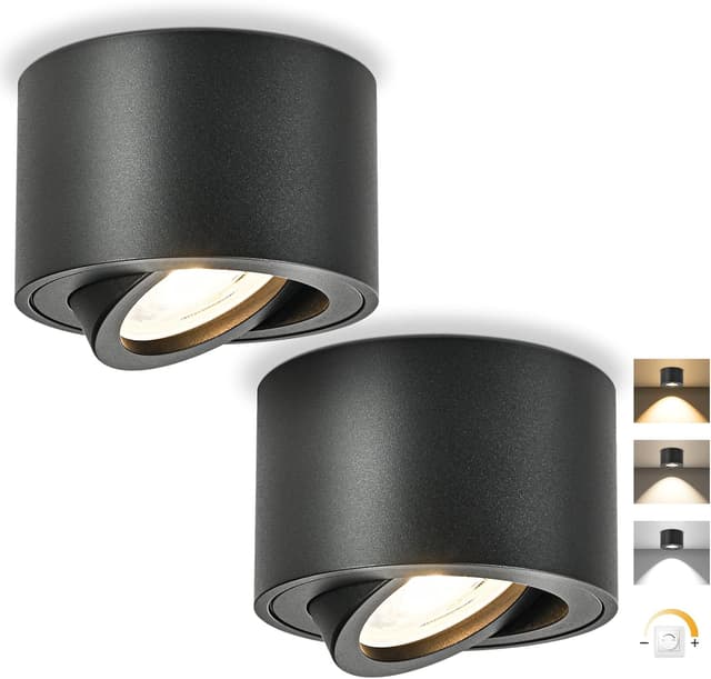 Detalle de GeyouLux LED Aufbauspot dimmbar Extra Flach 30° schwenkbar (2 Stück) Ø80x50 mm, Schwarz – 5 W, 3CCT 3000K/4000K/6500K