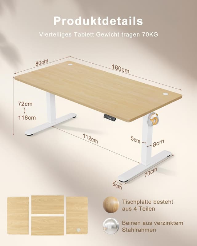 Detalle 2 de TRIUMPHKEY höhenverstellbarer Schreibtisch 160x80 mit USB-Ladeanschluss, 3 Memory-Steuerung und Kabelkasten (beige)