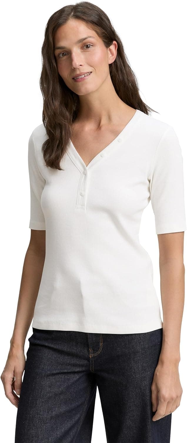 Detalle de Tom Tailor 1046414 T-Shirt da donna basic a coste con collo Henley