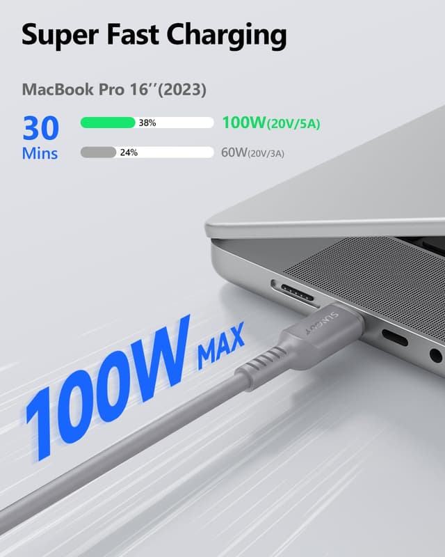 Detalle de SUNGUY Câble USB‑C silicone 2 x 2 m jusqu’à 100 W (5 A) charge rapide et transfert 480 Mbps – Gris