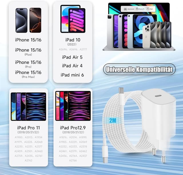 Detalle 2 de Chargeur rapide USB‑C 25W pour iPhone 17/16/15 et iPad (avec câble USB‑C 2 m) – Chargeur mural PD