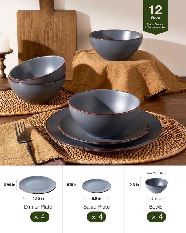 Detalle de Famiware Venus Stoneware Plates and Bowls Set (12-Piece) in Matte Charcoal