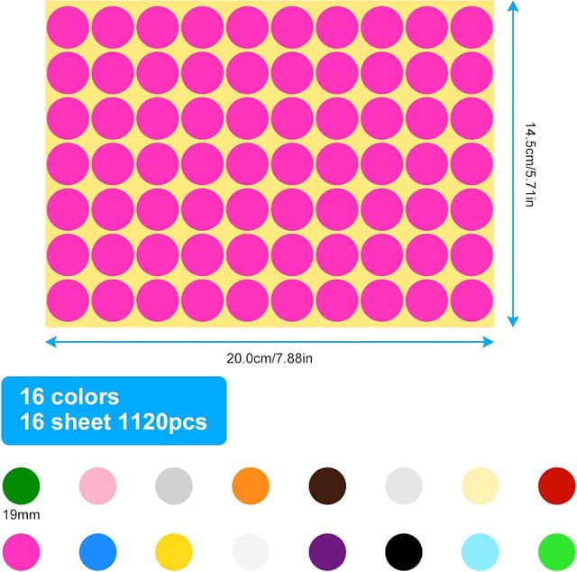 Detalle 2 de Vicloon 1120 Adesivi rotondi 19 mm, 16 colori 🎨