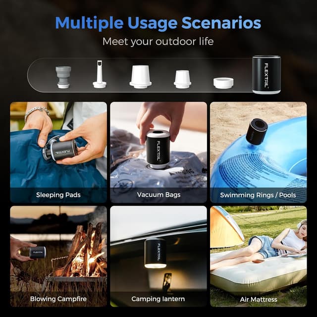 Detalle de FLEXTAILGEAR Portable Air Pump (Electric Vacuum Bag Pump) – 4kPa, 180L/min, with LED torch and 5 nozzles