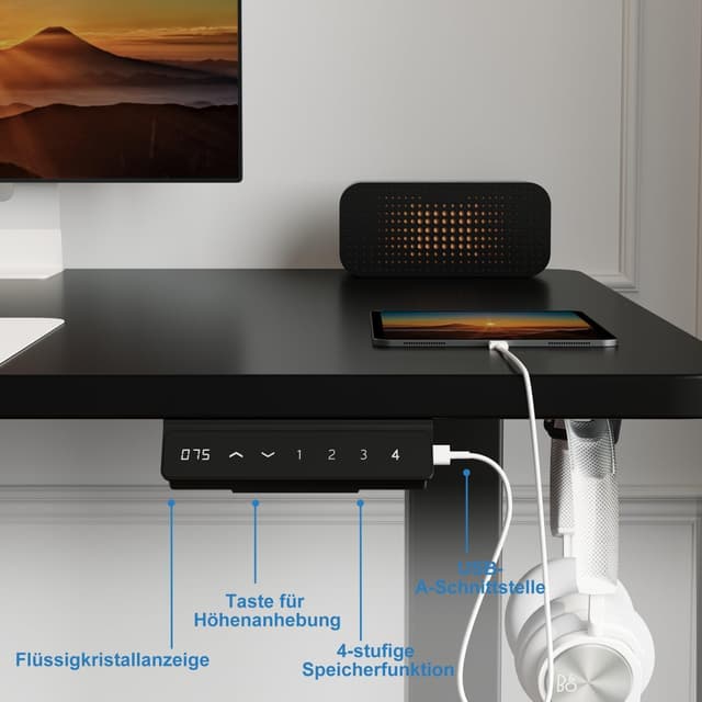 Detalle 2 de Devoko höhenverstellbarer Schreibtisch mit 2 Motoren, 180x80 cm, 25 mm Platte (Mobiler E-Schreibtisch) – Schwarz