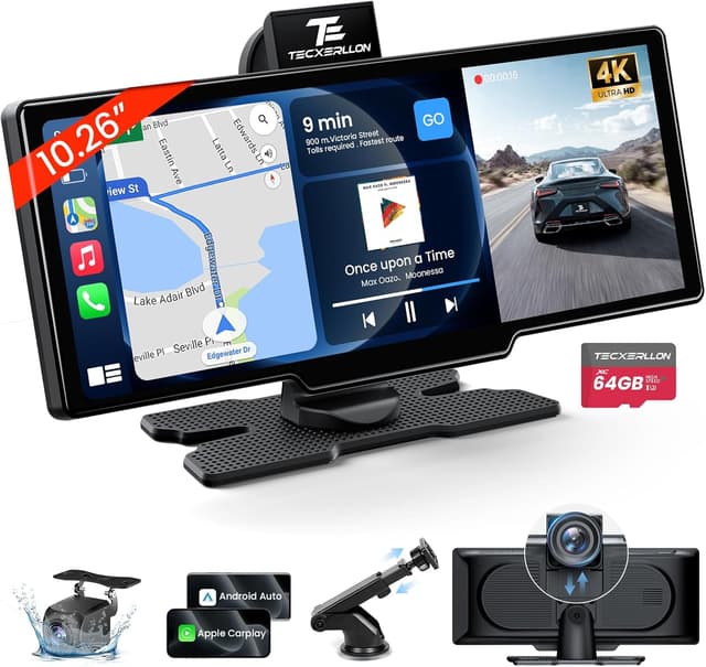 Detalle de TECXERLLON 10.26-inch Wireless CarPlay & Android Auto screen with 4K dash cam and 1080P rear camera