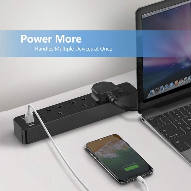 Thumbnail 6 de JSVER extension lead with 4 USB ports and 3 AC outlets, 200cm cable (smart charging station) — black