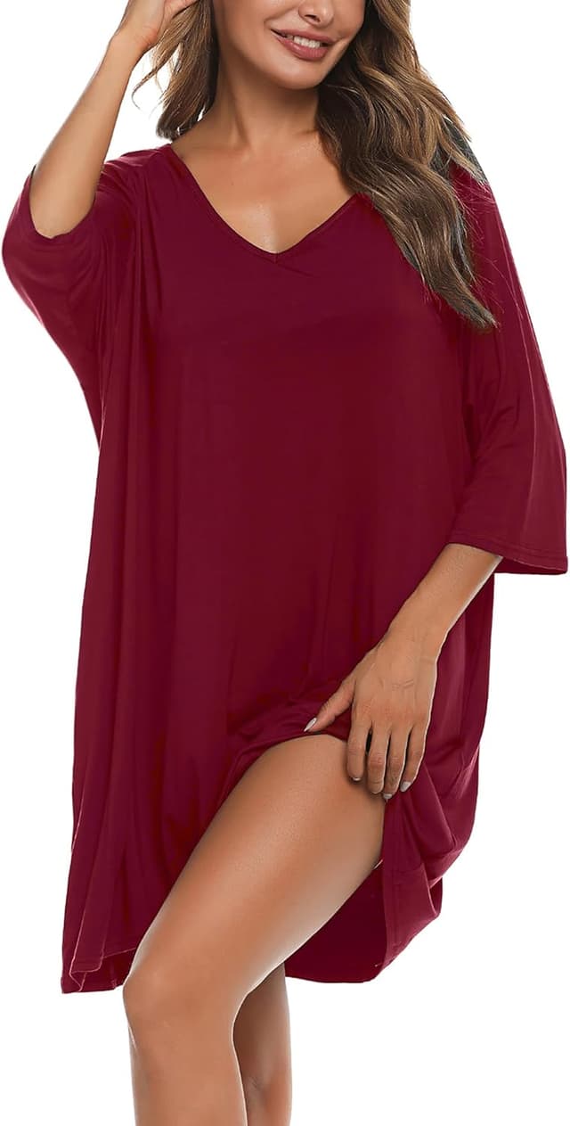 Detalle de Bresdk Chemise de nuit femme manches 3/4 en coton modal et élasthanne (grand format, col en V)