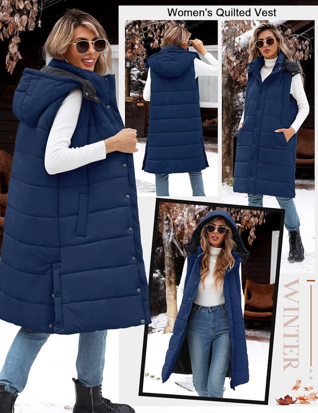 Detalle de Tuopuda Damen Steppweste lang mit Kapuze – warme Übergangsweste mit Reißverschluss