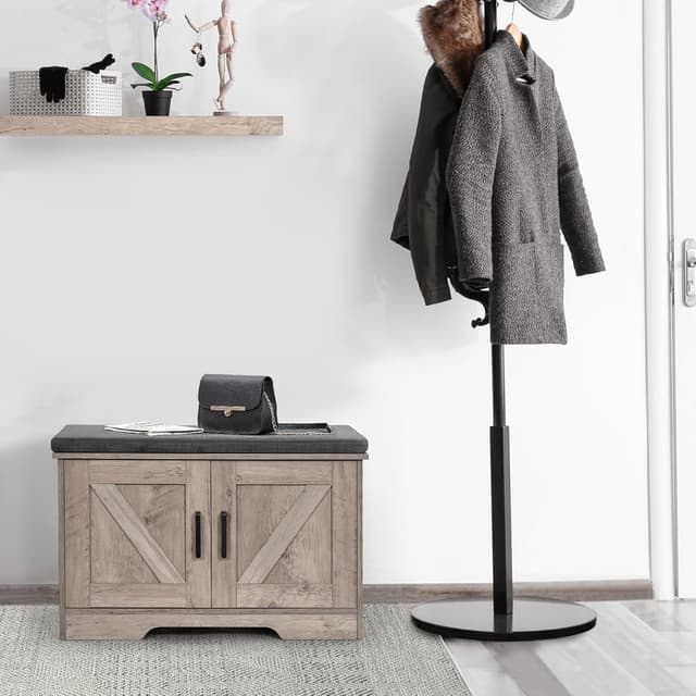 Thumbnail 6 de HOMSHO 2-Tier Storage Bench (27.6" Wide) with Padded Seat Cushion, Barn Doors & Adjustable Shelf, Greige