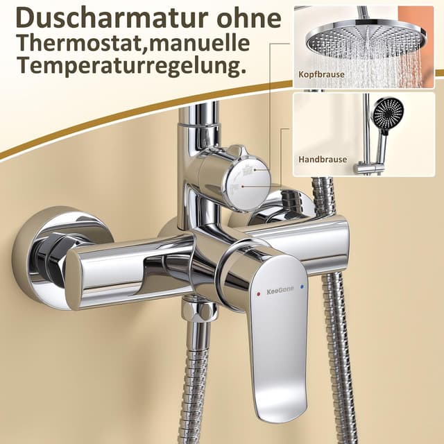 Detalle de KeeGone Duschsystem mit höhenverstellbarer Armatur, 26 cm Regendusche & 3-funktion Handbrause (ohne Thermostat)