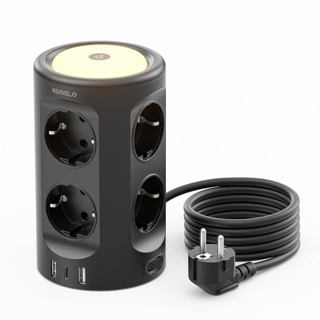 Detalle de Tour multiprise USB 11 en 1 : 8 prises Schuko + 3 USB, 2 m avec veilleuse et protection contre la surtension