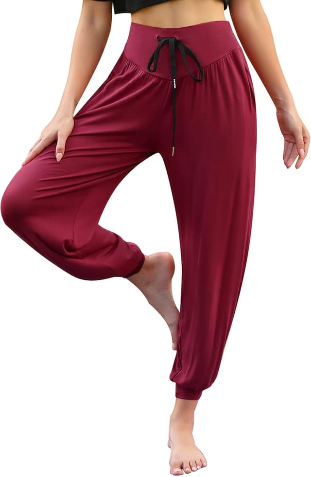 Detalle 2 de Terecey pantalon sarouel femme sport à taille haute en modal, fluide pour yoga, Pilates et danse