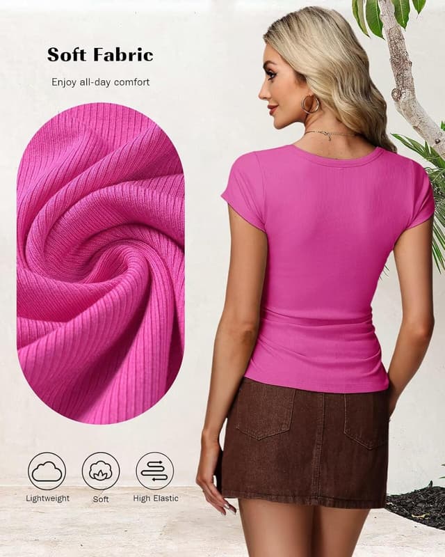 Detalle de RIROW Damen Sommer-T-Shirt mit V-Ausschnitt – Basic aus Rippstoff, figurbetontes Slim Fit