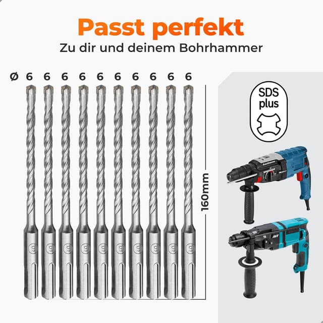 Detalle de BAUBECK SDS Plus Betonbohrer 6 mm, 10er-Set (160 mm) aus 40CR-Stahl