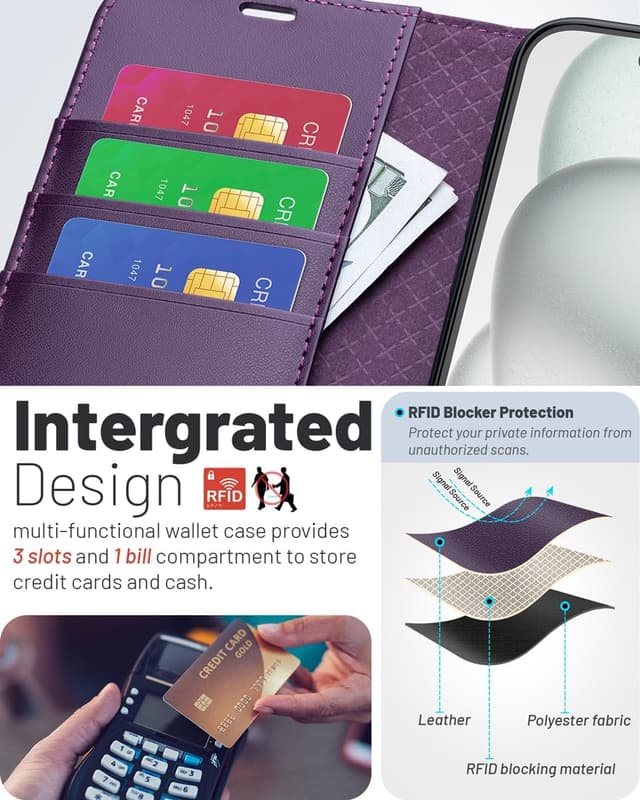 Detalle de OCASE iPhone 16 Pro Hülle mit Kartenfach, Standfunktion & RFID-Schutz (PU-Leder, dunkelviolett)